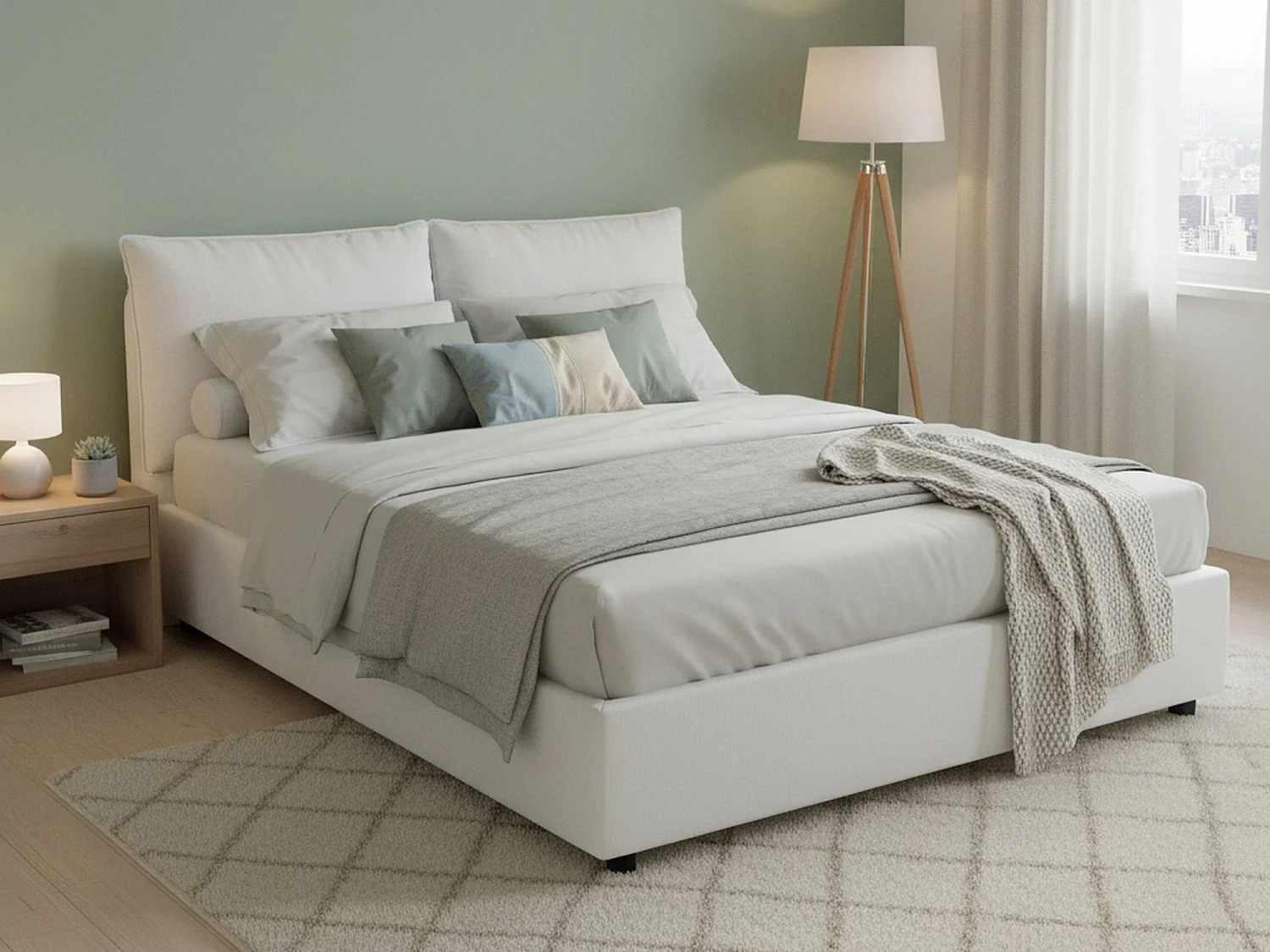 Lit double Daam, Lit coffre avec revêtement en tissu, 100% Made in Italy, Ouverture frontale, adapté pour matelas 140x190 cm, Blanc