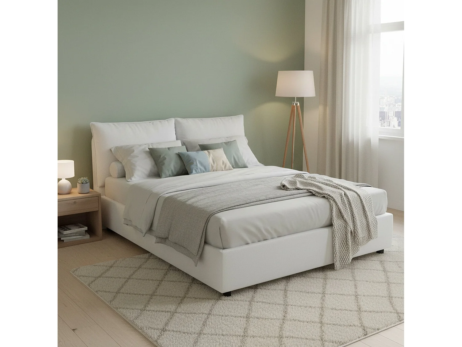 Lit double Daam, Lit coffre avec revêtement en tissu, 100% Made in Italy, Ouverture frontale, adapté pour matelas 140x190 cm, Blanc