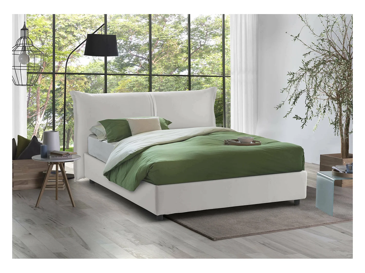 Lit double Dbaji, Lit coffre avec revêtement en tissu, 100% Made in Italy, Ouverture frontale, adapté pour matelas 160x200 cm, Blanc