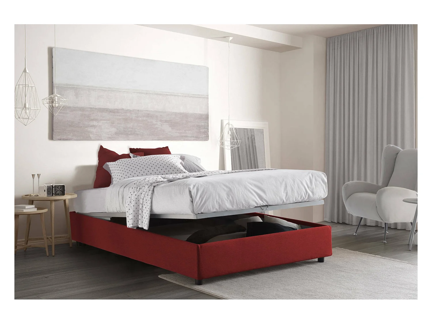Dcistan tweepersoonsbed, Opbergbed met stoffen bekleding, 100% Made in Italy, Opening aan de voorkant, geschikt voor matras 160x190 cm, Rood