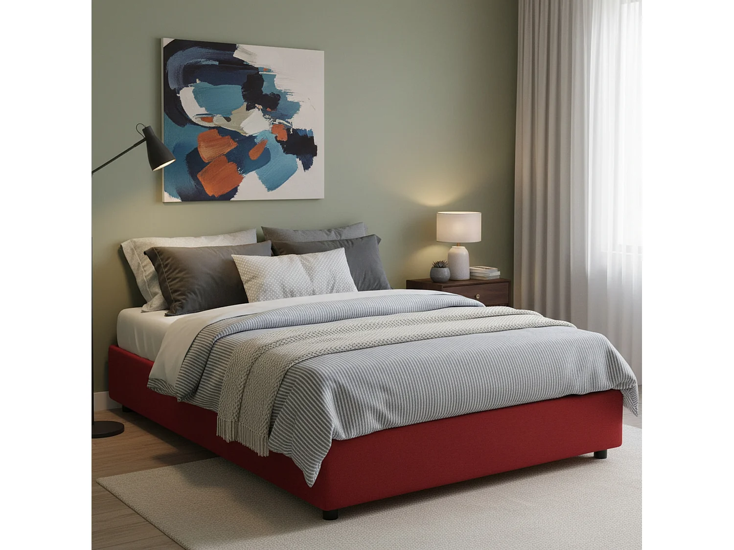 Lit double Dcistan, Lit coffre avec revêtement en tissu, 100% Made in Italy, Ouverture frontale, adapté pour matelas 160x190 cm, Rouge