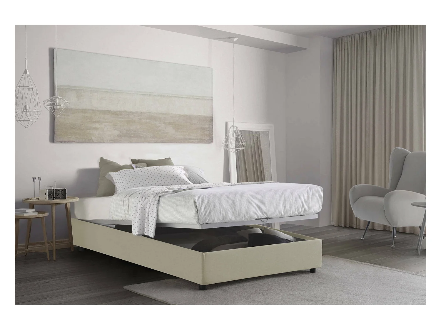 Dlammer tweepersoonsbed, opbergbed met stoffen bekleding, 100% Made in Italy, opening aan de voorzijde, geschikt voor matras 120x190 cm, Beige
