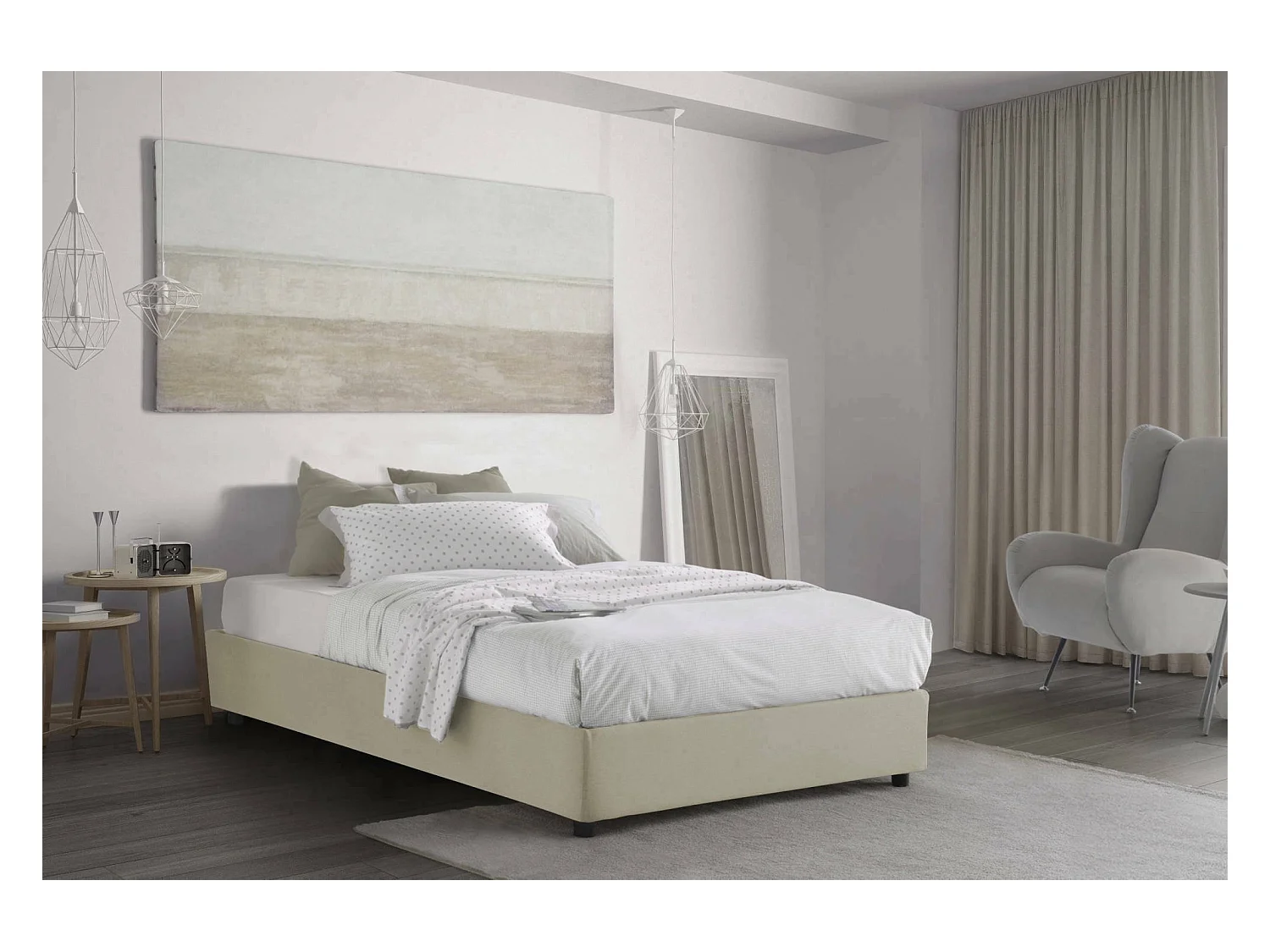 Dlammer tweepersoonsbed, opbergbed met stoffen bekleding, 100% Made in Italy, opening aan de voorzijde, geschikt voor matras 120x190 cm, Beige