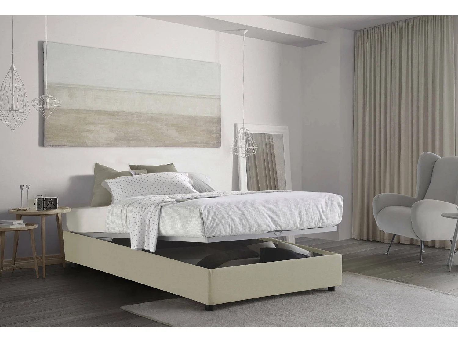 Dlammer tweepersoonsbed, opbergbed met stoffen bekleding, 100% Made in Italy, opening aan de voorzijde, geschikt voor matras 120x190 cm, Beige