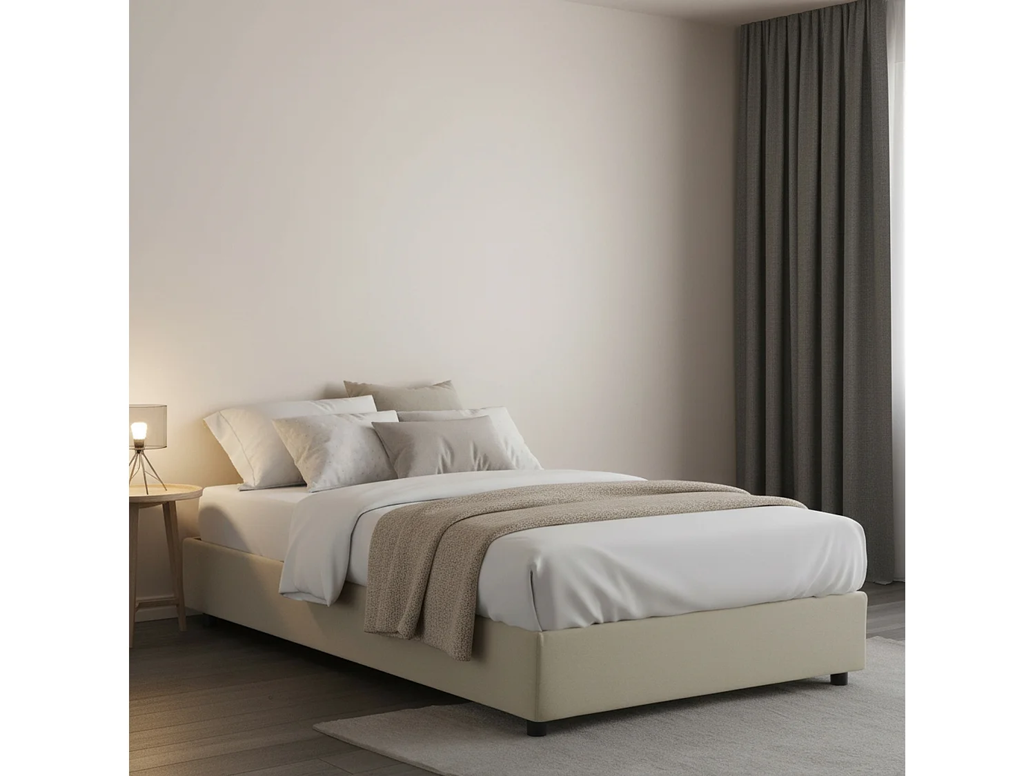 Cama de plaza y media Dlammer, Cama contenedor con revestimiento de tela, 100% Made in Italy, Apertura frontal, adecuado para colchón Cm 120x190, Beige