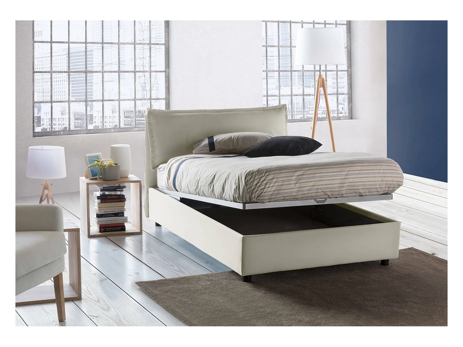 Quadratisches und halbes Bett Deusebi, Containerbett mit Stoffbespannung, 100% Made in Italy, Frontöffnung, passend für Matratze Cm 120x190, Beige