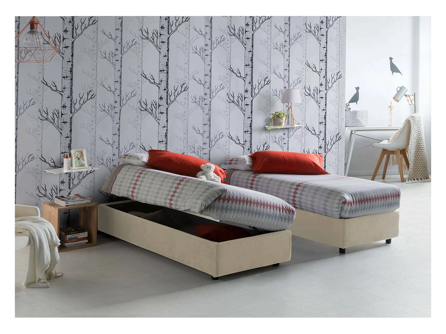 Cama de solteiro Dhol, Cama de armazenamento com forro de tecido, 100% Fabricado na Itália, Abertura lateral, adequada para colchão 80x190 cm, Bege