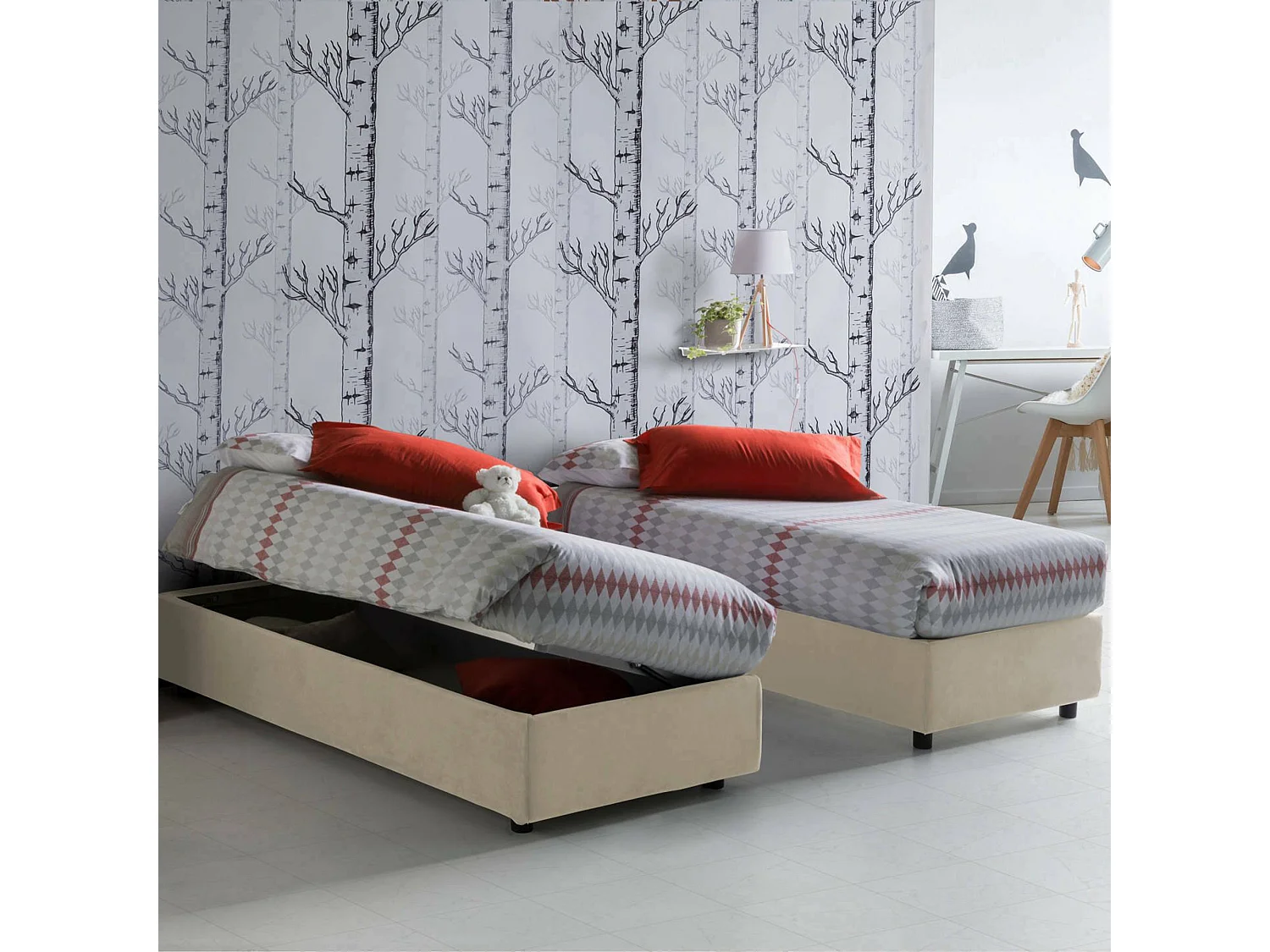 Lit simple Dhol, Lit coffre avec revêtement en tissu, 100% Made in Italy, Ouverture latérale, adapté pour matelas 80x190 cm, Beige