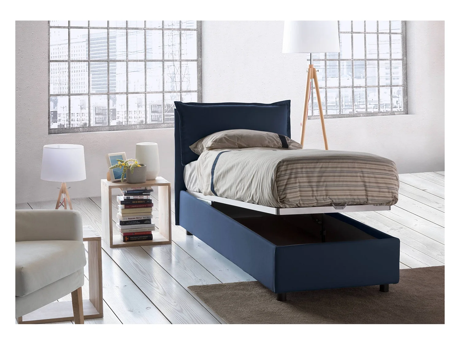 Dpal eenpersoonsbed, Opbergbed met stoffen bekleding, 100% Made in Italy, Opening aan de voorzijde, geschikt voor matras 90x190 cm, Blauw
