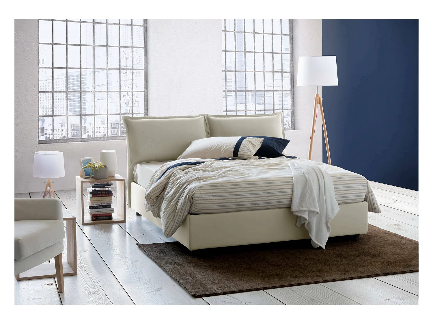 Daam tweepersoonsbed, Opbergbed met stoffen bekleding, 100% Made in Italy, Opening aan de voorzijde, geschikt voor matras 140x190 cm, Beige