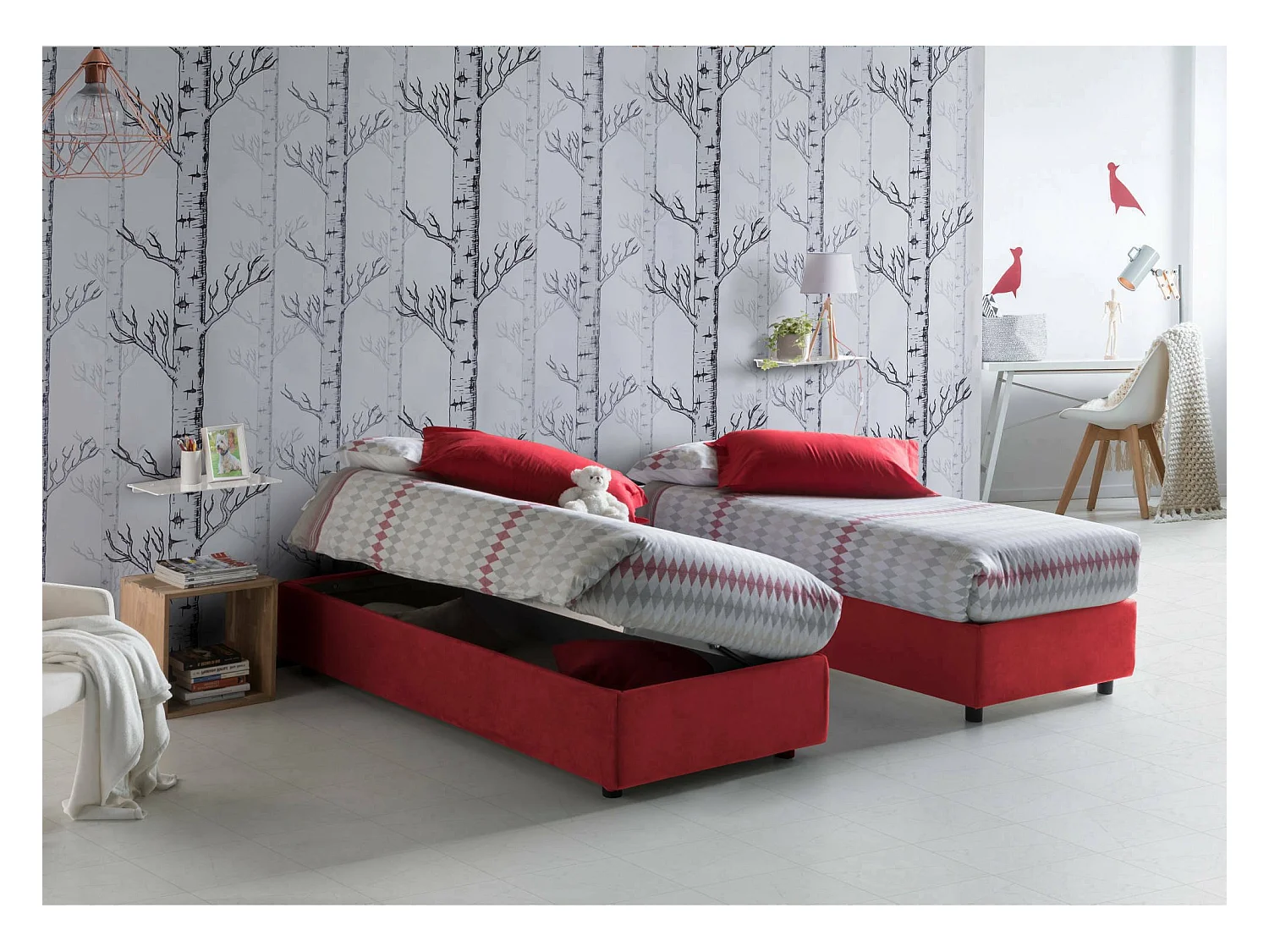 Cama de solteiro Dhol, Cama de armazenamento com forro de tecido, 100% Fabricado na Itália, Abertura lateral, adequada para colchão 80x190 cm, Vermelho