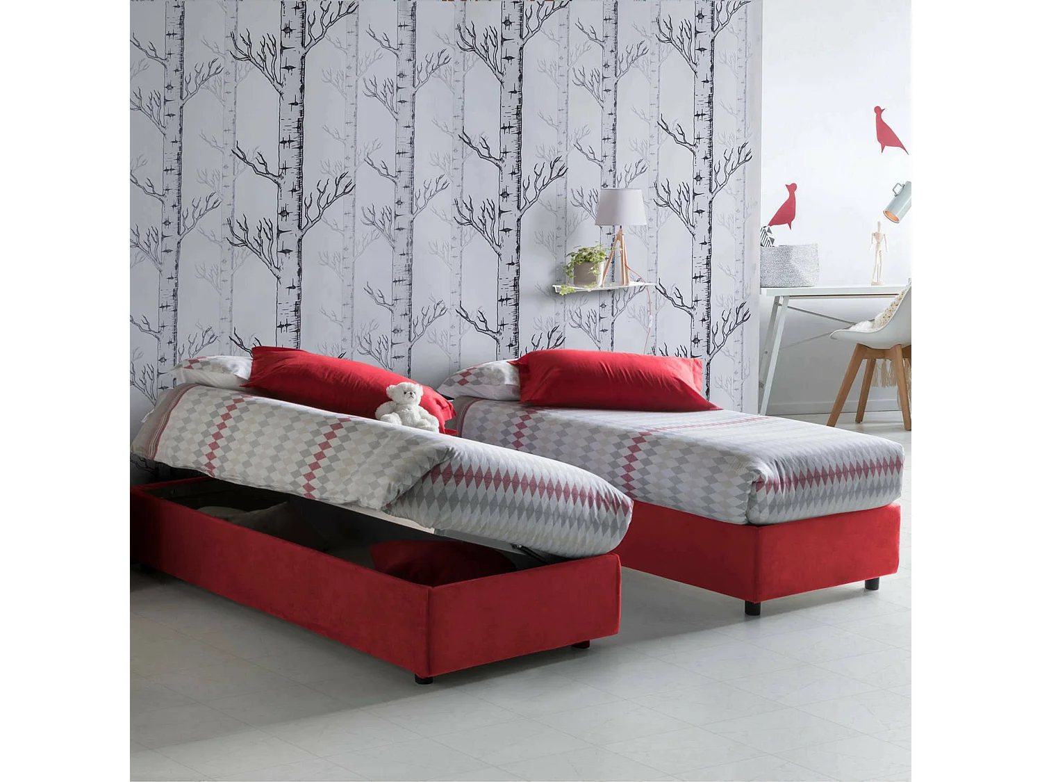 Lit simple Dhol, Lit coffre avec revêtement en tissu, 100% Made in Italy, Ouverture latérale, adapté pour matelas 80x190 cm, Rouge