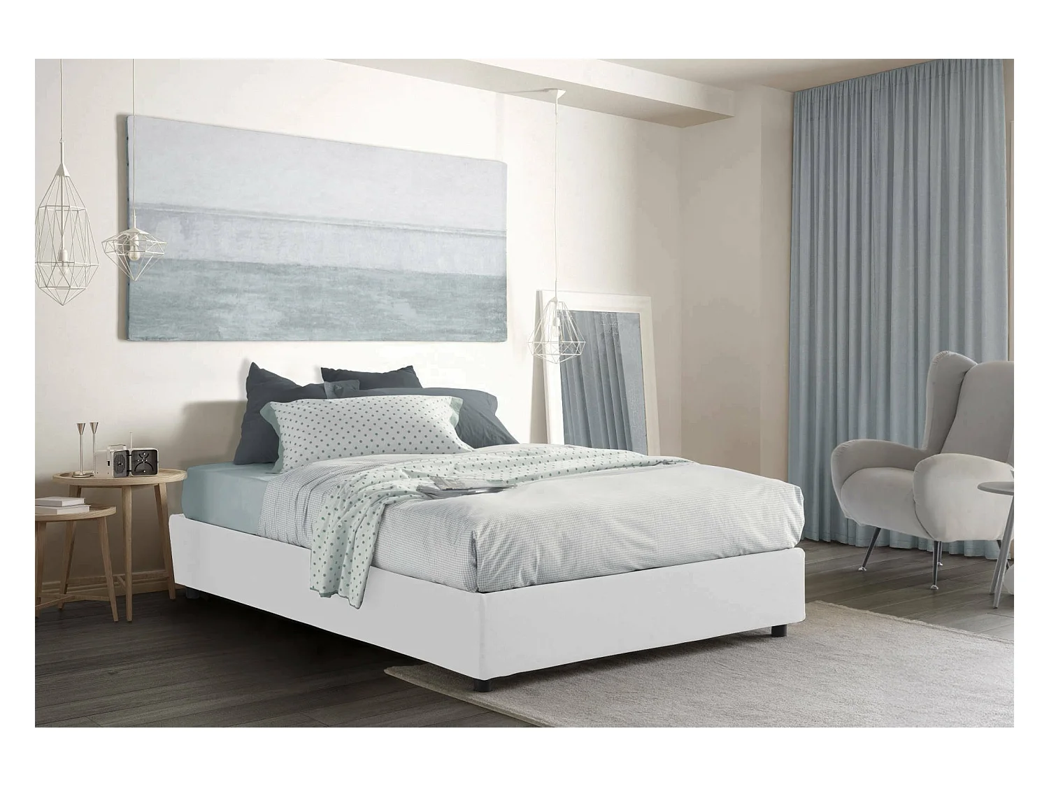 Lit double Dcistan, Lit coffre avec revêtement en tissu, 100% Made in Italy, Ouverture frontale, adapté pour matelas 160x190 cm, Blanc