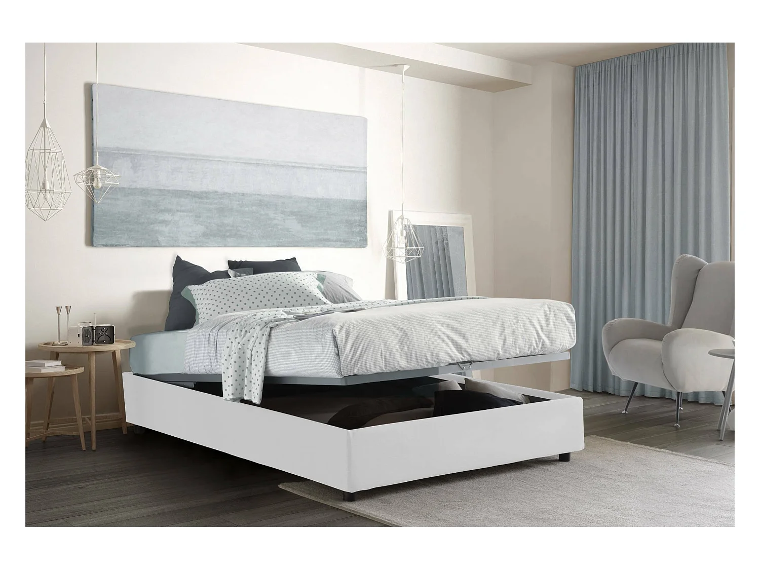 Lit double Dcistan, Lit coffre avec revêtement en tissu, 100% Made in Italy, Ouverture frontale, adapté pour matelas 160x190 cm, Blanc