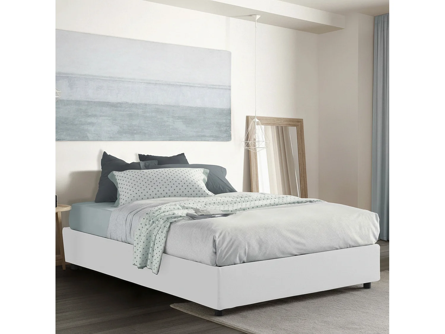Lit double Dcistan, Lit coffre avec revêtement en tissu, 100% Made in Italy, Ouverture frontale, adapté pour matelas 160x190 cm, Blanc