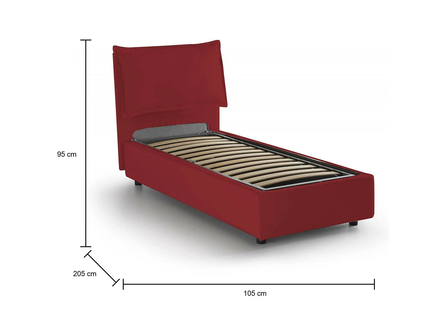 Lit simple Dpal, Lit coffre avec revêtement en tissu, 100% Made in Italy, Ouverture frontale, adapté pour matelas 90x190 cm, Rouge