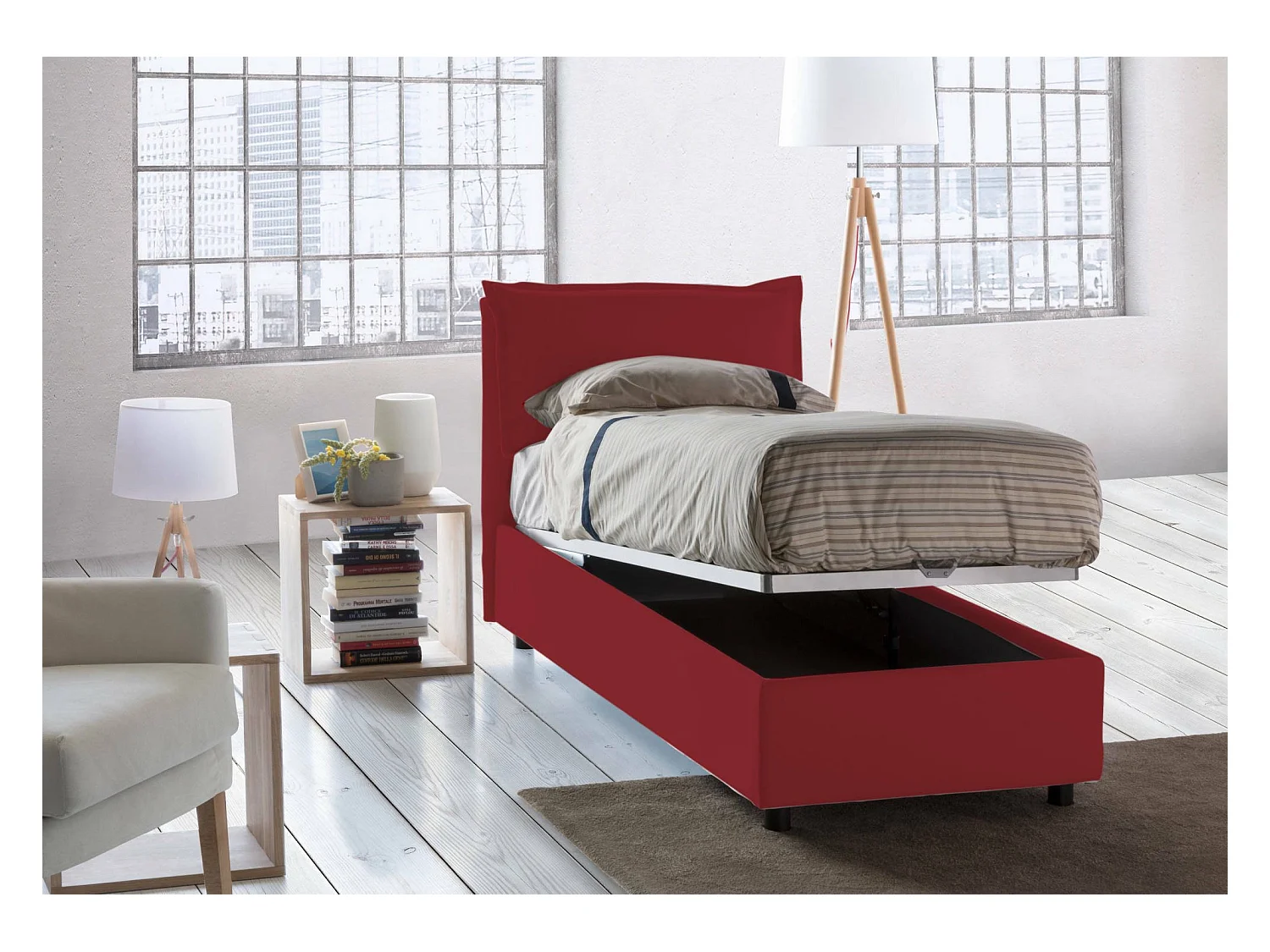 Lit simple Dpal, Lit coffre avec revêtement en tissu, 100% Made in Italy, Ouverture frontale, adapté pour matelas 90x190 cm, Rouge