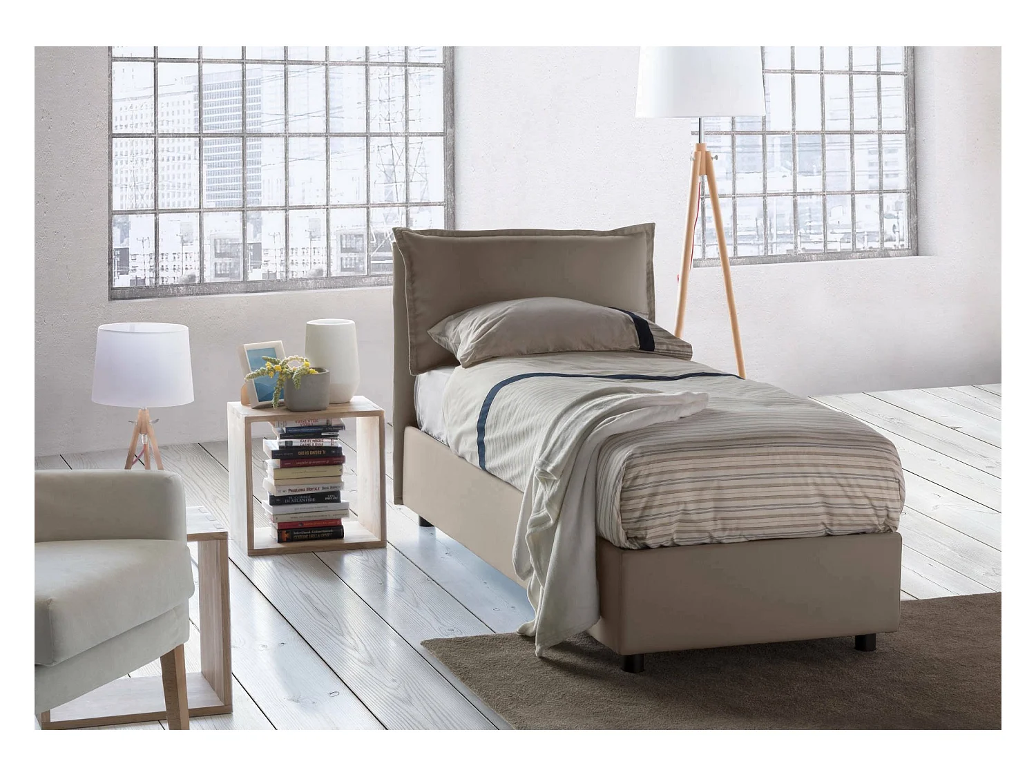 Cama individual Dpal, Cama contenedor con revestimiento de tela, 100% Made in Italy, Apertura frontal, adecuado para colchón Cm 90x190, Tórtola