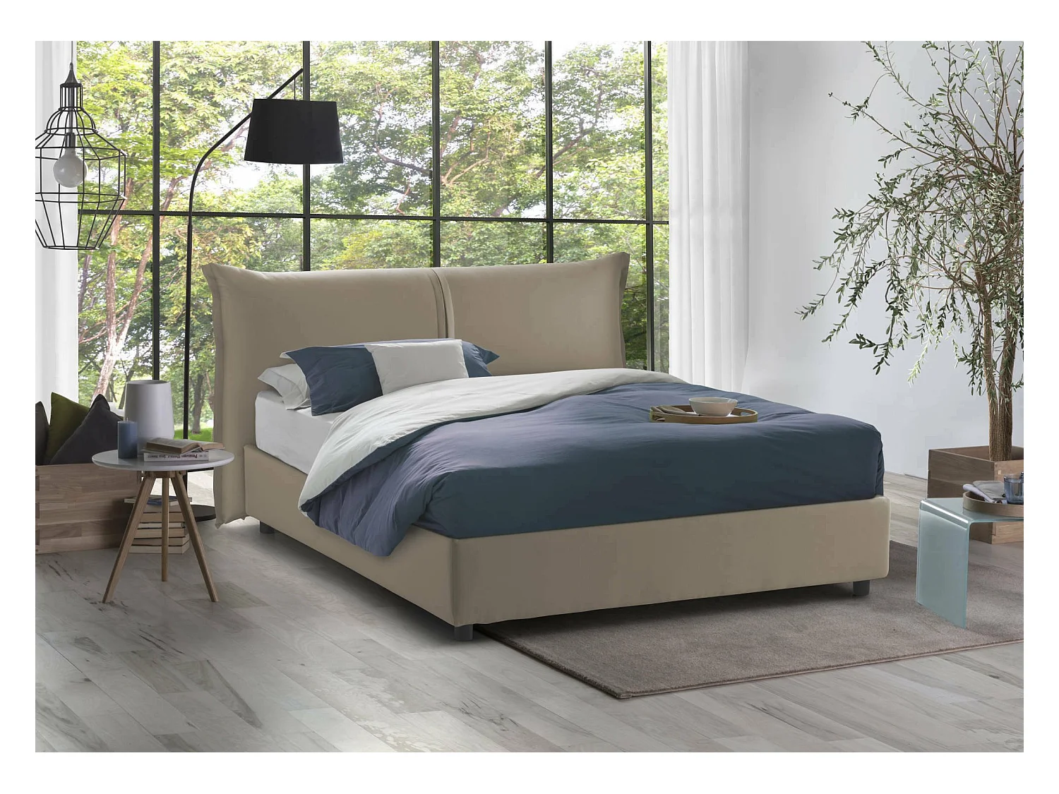 Dbaji tweepersoonsbed, Opbergbed met stoffen bekleding, 100% Made in Italy, Opening aan de voorkant, geschikt voor matras 160x200 cm, Taupe
