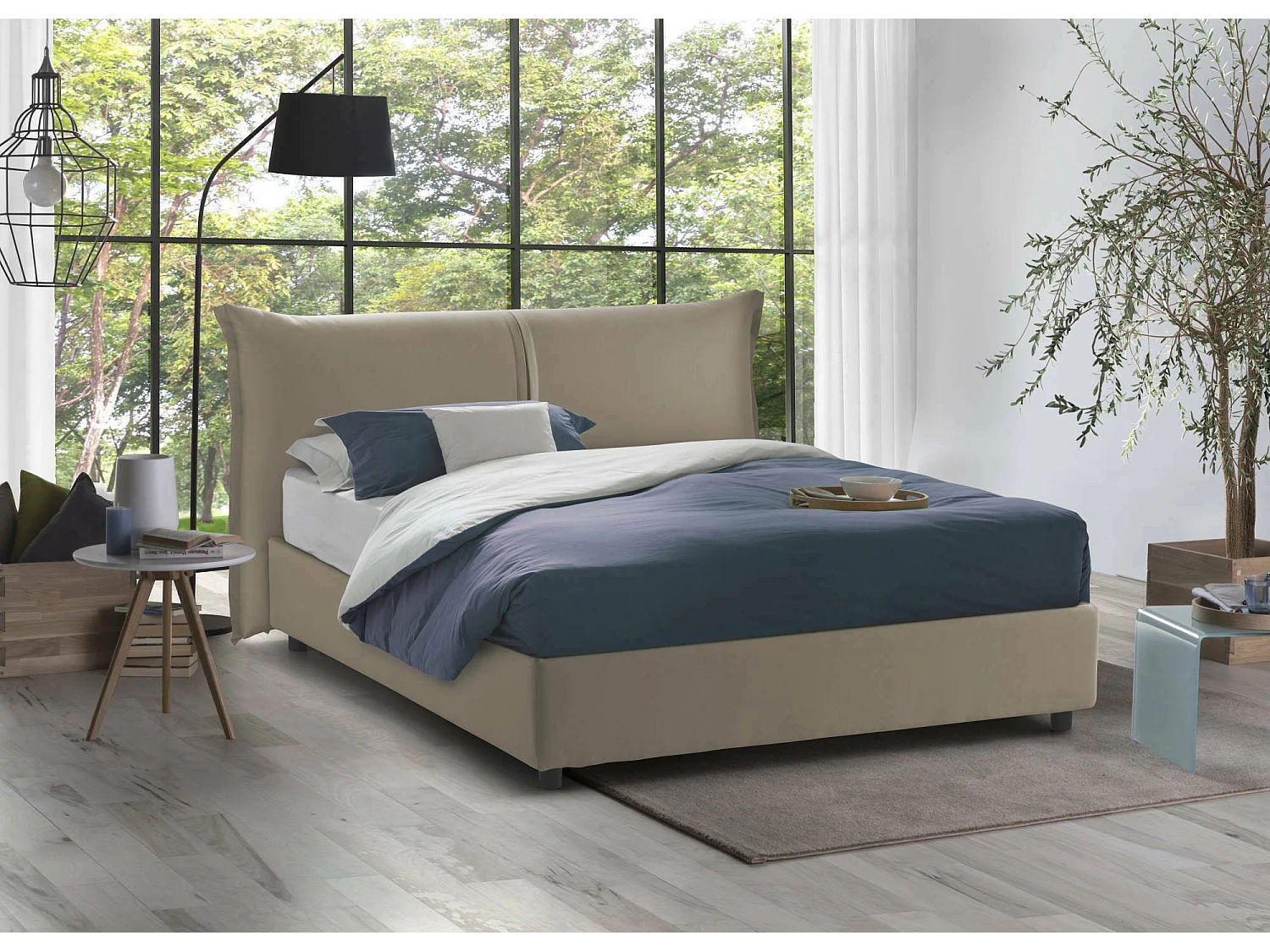 Dbaji tweepersoonsbed, Opbergbed met stoffen bekleding, 100% Made in Italy, Opening aan de voorkant, geschikt voor matras 160x200 cm, Taupe