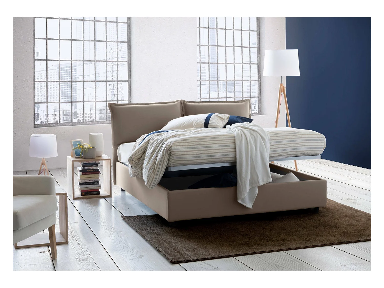 Cama matrimonial Dcaprar, Cama contenedor con revestimiento de tela, 100% Made in Italy, Apertura frontal, adecuado para colchón 160x190 cm, Tórtola