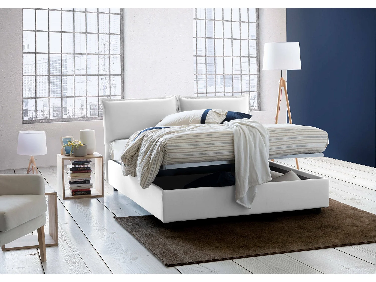 Lit double Dcaprar, Lit coffre avec revêtement en tissu, 100% Made in Italy, Ouverture frontale, adapté pour matelas 160x190 cm, Blanc