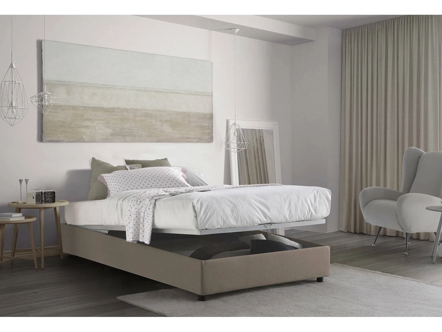 Cama de plaza y media Dlammer, Cama contenedor con revestimiento de tela, 100% Made in Italy, Apertura frontal, adecuado para colchón Cm 120x190, Tórtola