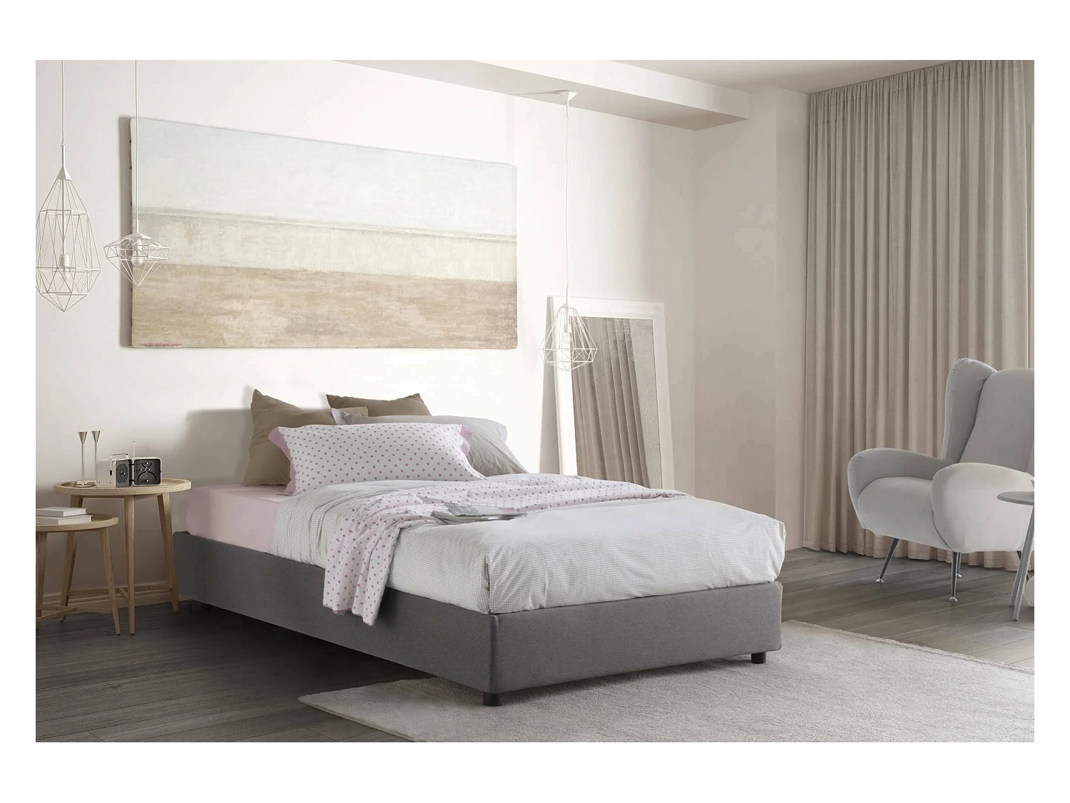 Quadratisches und halbes Bett Dlammer, Containerbett mit Stoffbespannung, 100% Made in Italy, Frontöffnung, passend für Matratze Cm 120x190, Grau