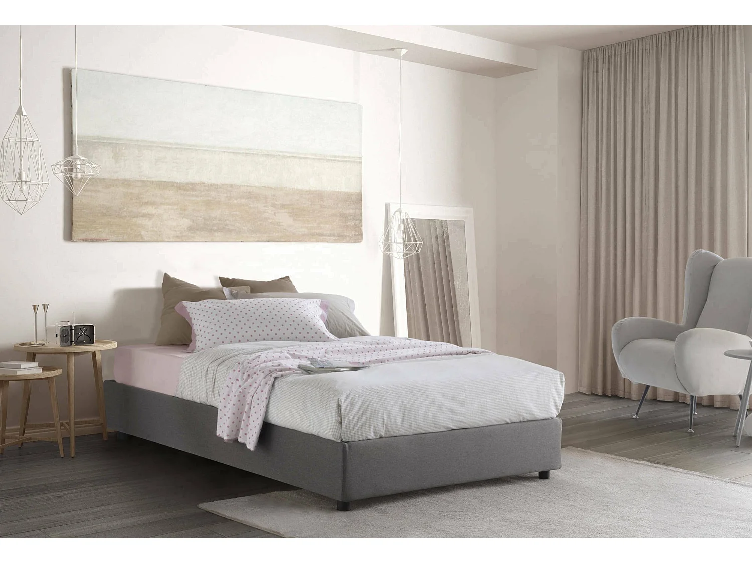 Lit double Dlammer, Lit coffre avec revêtement en tissu, 100% Made in Italy, Ouverture frontale, adapté pour matelas 120x190 cm, Gris