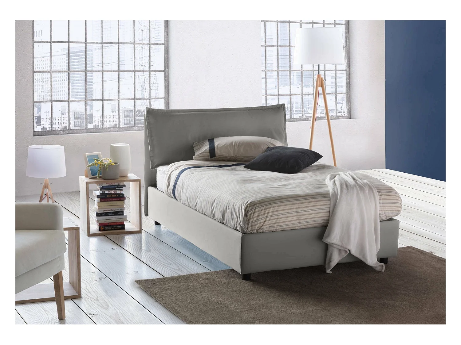 Quadratisches und halbes Bett Deusebi, Containerbett mit Stoffbespannung, 100% Made in Italy, Frontöffnung, passend für Matratze Cm 120x190, Grau