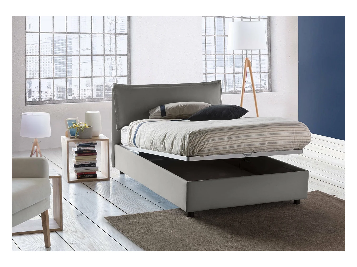 Quadratisches und halbes Bett Deusebi, Containerbett mit Stoffbespannung, 100% Made in Italy, Frontöffnung, passend für Matratze Cm 120x190, Grau