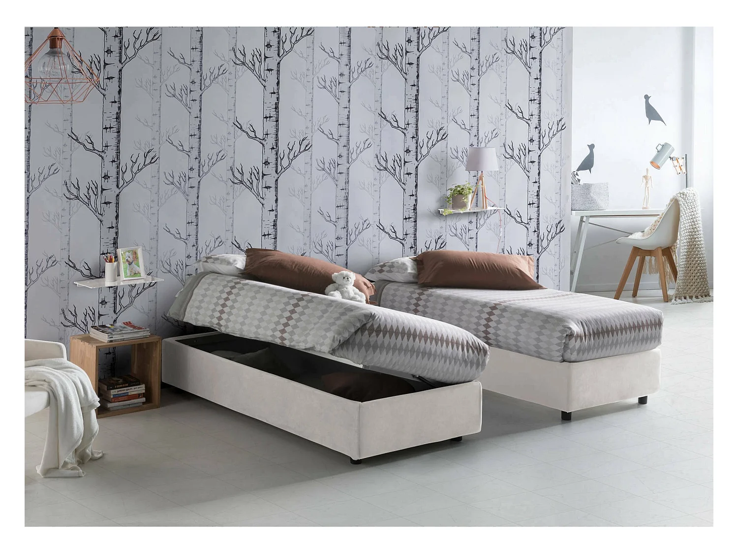 Cama de solteiro Dhol, Cama de armazenamento com forro de tecido, 100% Fabricado na Itália, Abertura lateral, adequada para colchão 80x190 cm, Branco