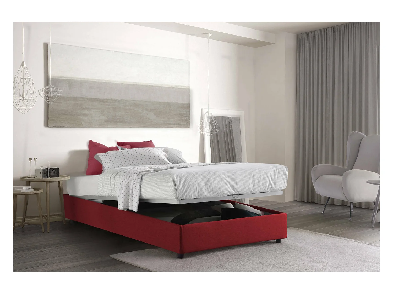 Cama de casal Dlammer, cama de arrumação com forro de tecido, 100% Fabricado em Itália, abertura frontal, adequada para colchão 120x190 cm, vermelho