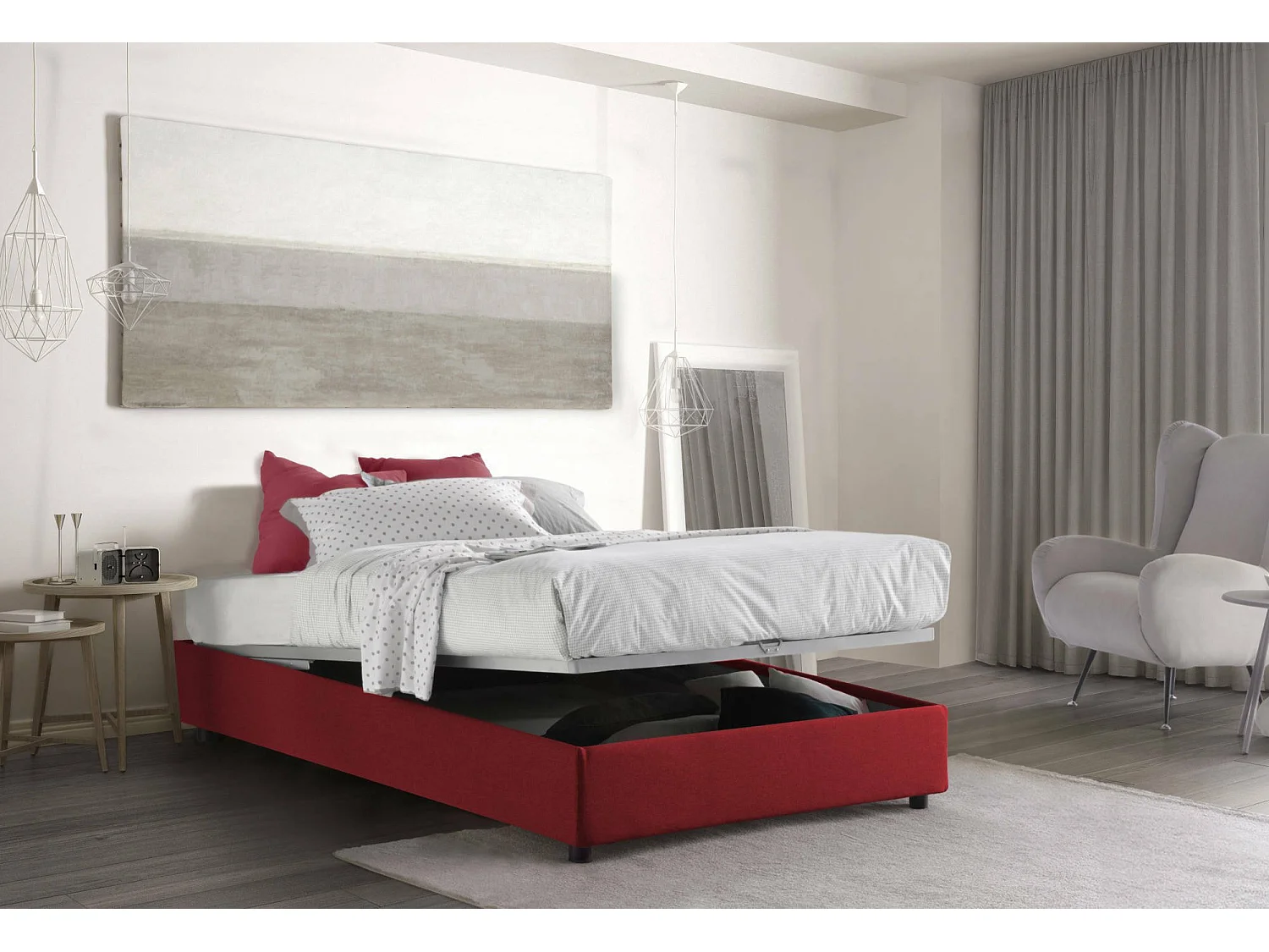 Dlammer tweepersoonsbed, opbergbed met stoffen bekleding, 100% Made in Italy, opening aan de voorkant, geschikt voor matras 120x190 cm, rood