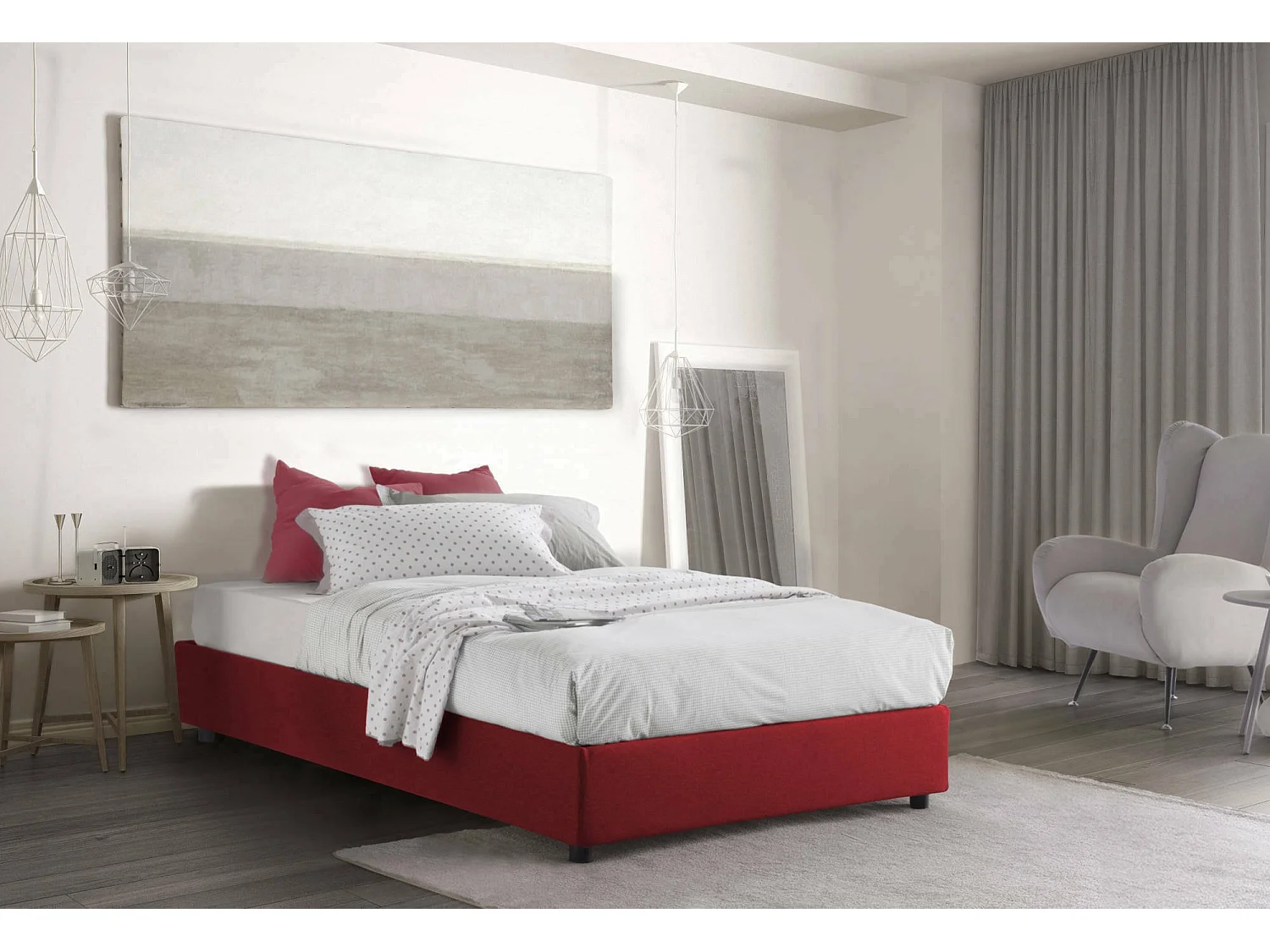 Quadratisches und halbes Bett Dlammer, Containerbett mit Stoffbespannung, 100% Made in Italy, Frontöffnung, passend für Matratze Cm 120x190, Rot