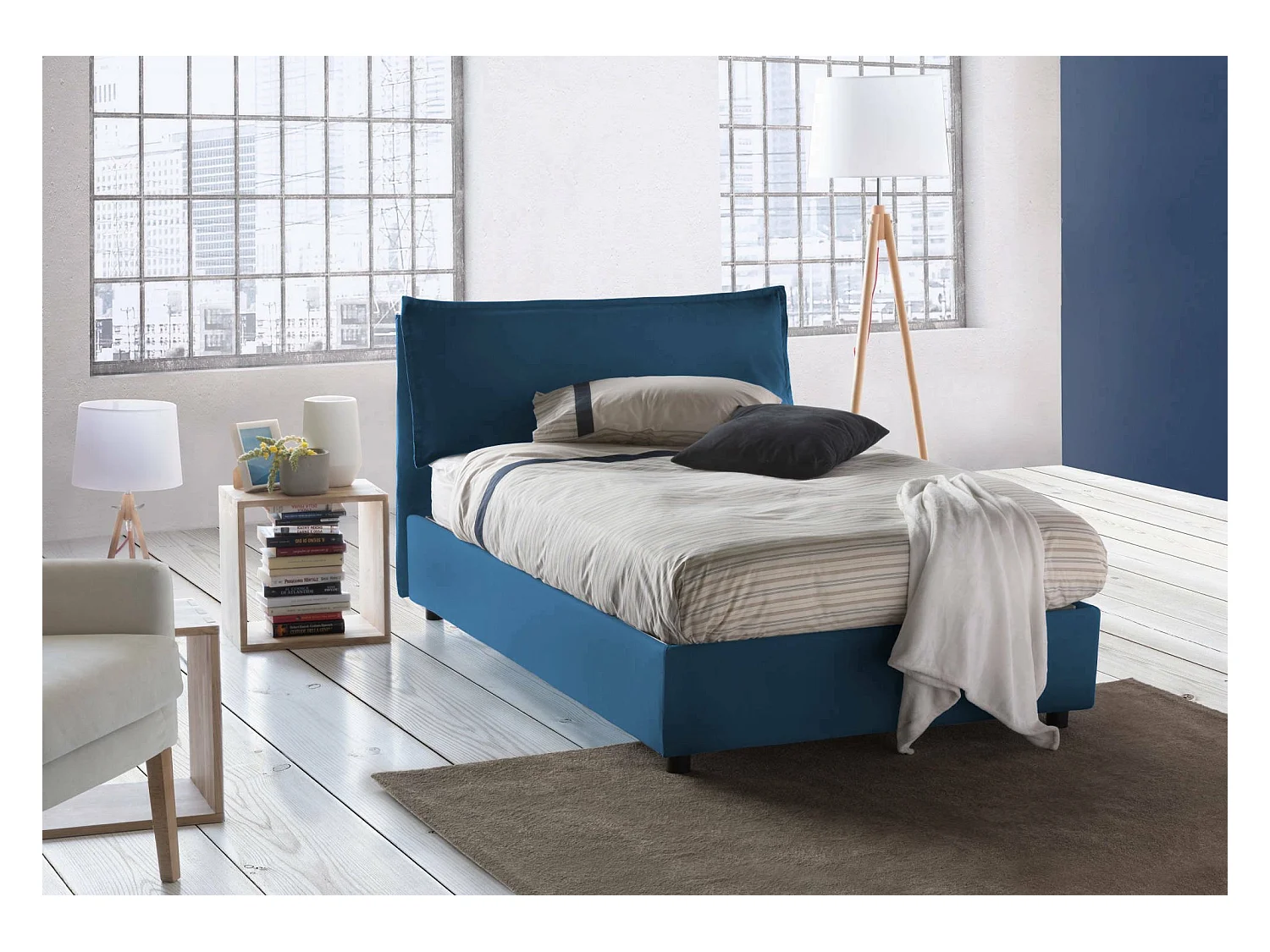 Cama de plaza y media Deusebi, Cama contenedor con revestimiento de tela, 100% Made in Italy, Apertura frontal, adecuado para colchón Cm 120x190, Azul