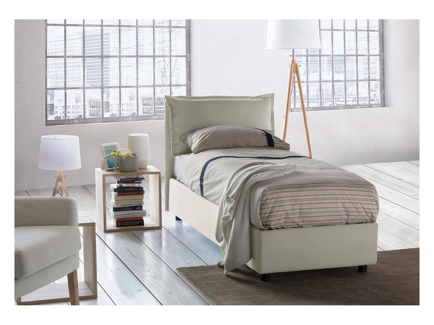 Cama de solteiro Dpal, Cama de armazenamento com forro de tecido, 100% Fabricado na Itália, Abertura frontal, adequada para colchão 90x190 cm, Bege