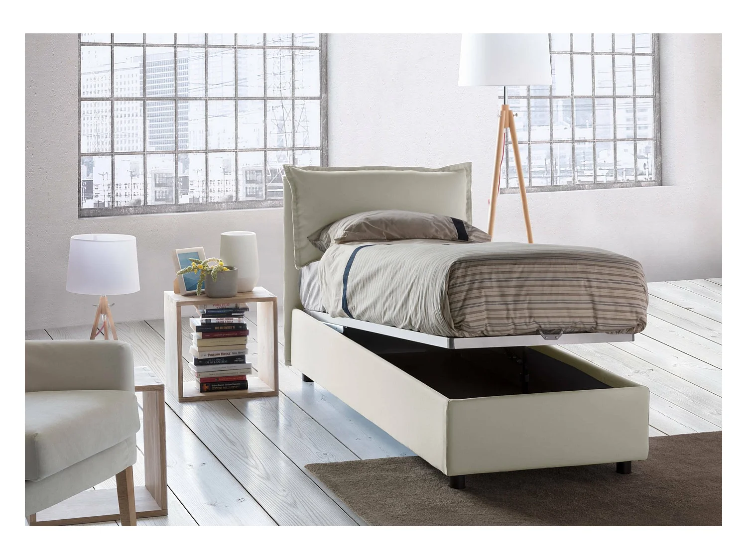 Lit simple Dpal, Lit coffre avec revêtement en tissu, 100% Made in Italy, Ouverture frontale, adapté pour matelas 90x190 cm, Beige