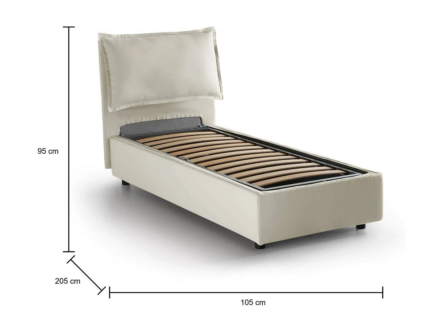 Cama de solteiro Dpal, Cama de armazenamento com forro de tecido, 100% Fabricado na Itália, Abertura frontal, adequada para colchão 90x190 cm, Bege