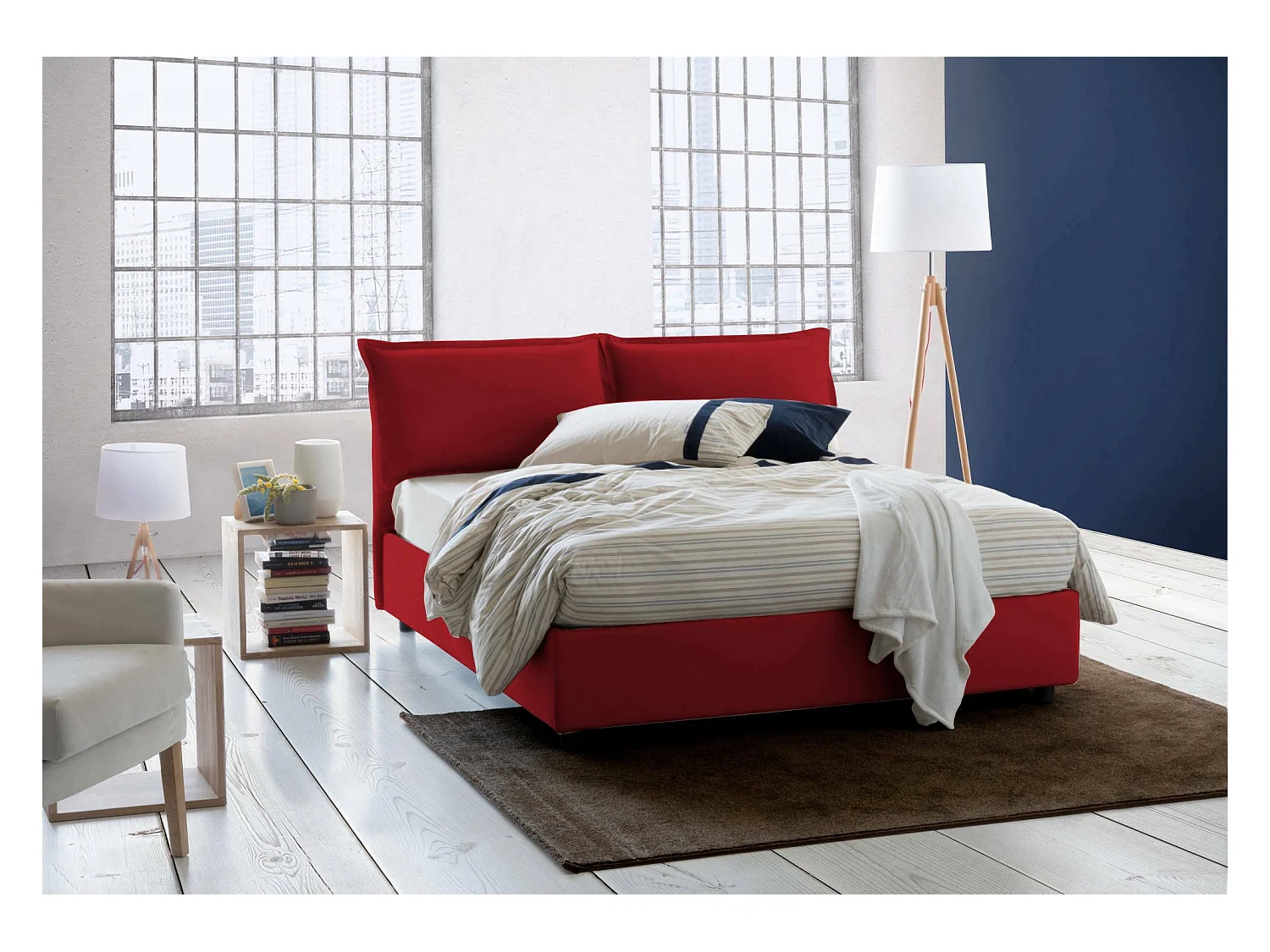 Lit double Daam, Lit coffre avec revêtement en tissu, 100% Made in Italy, Ouverture frontale, adapté pour matelas 140x190 cm, Rouge