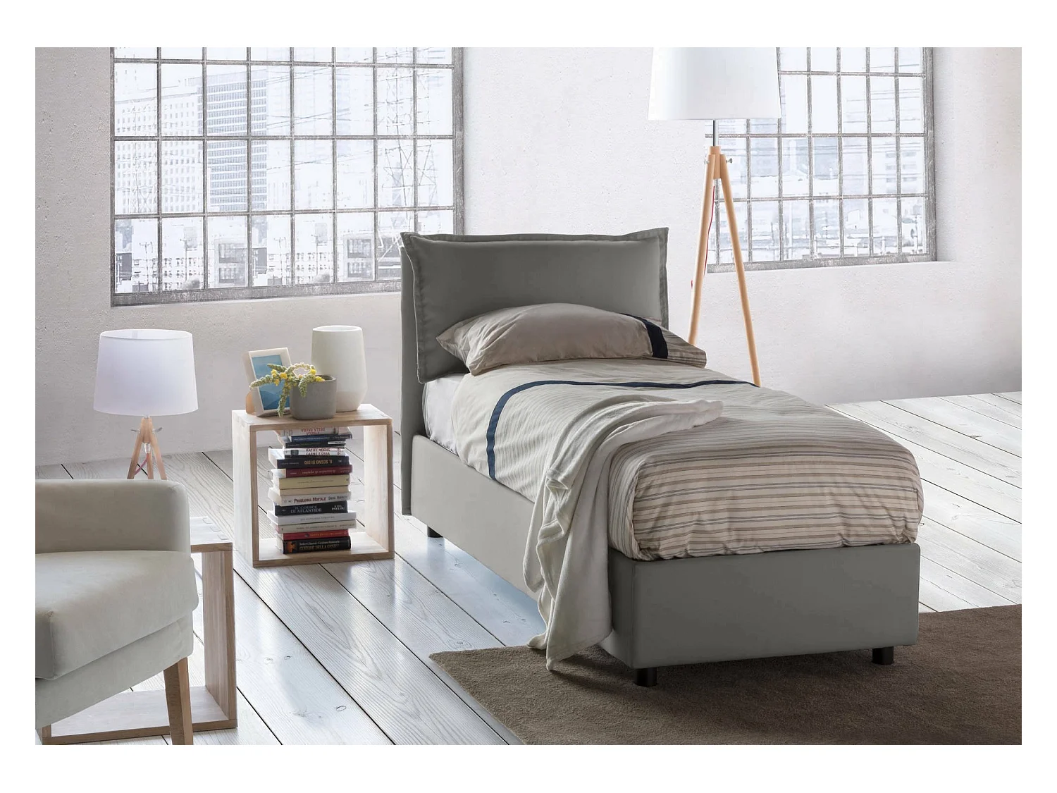 Cama de solteiro Dpal, Cama de armazenamento com forro de tecido, 100% Fabricado na Itália, Abertura frontal, adequada para colchão 90x190 cm, Cinza