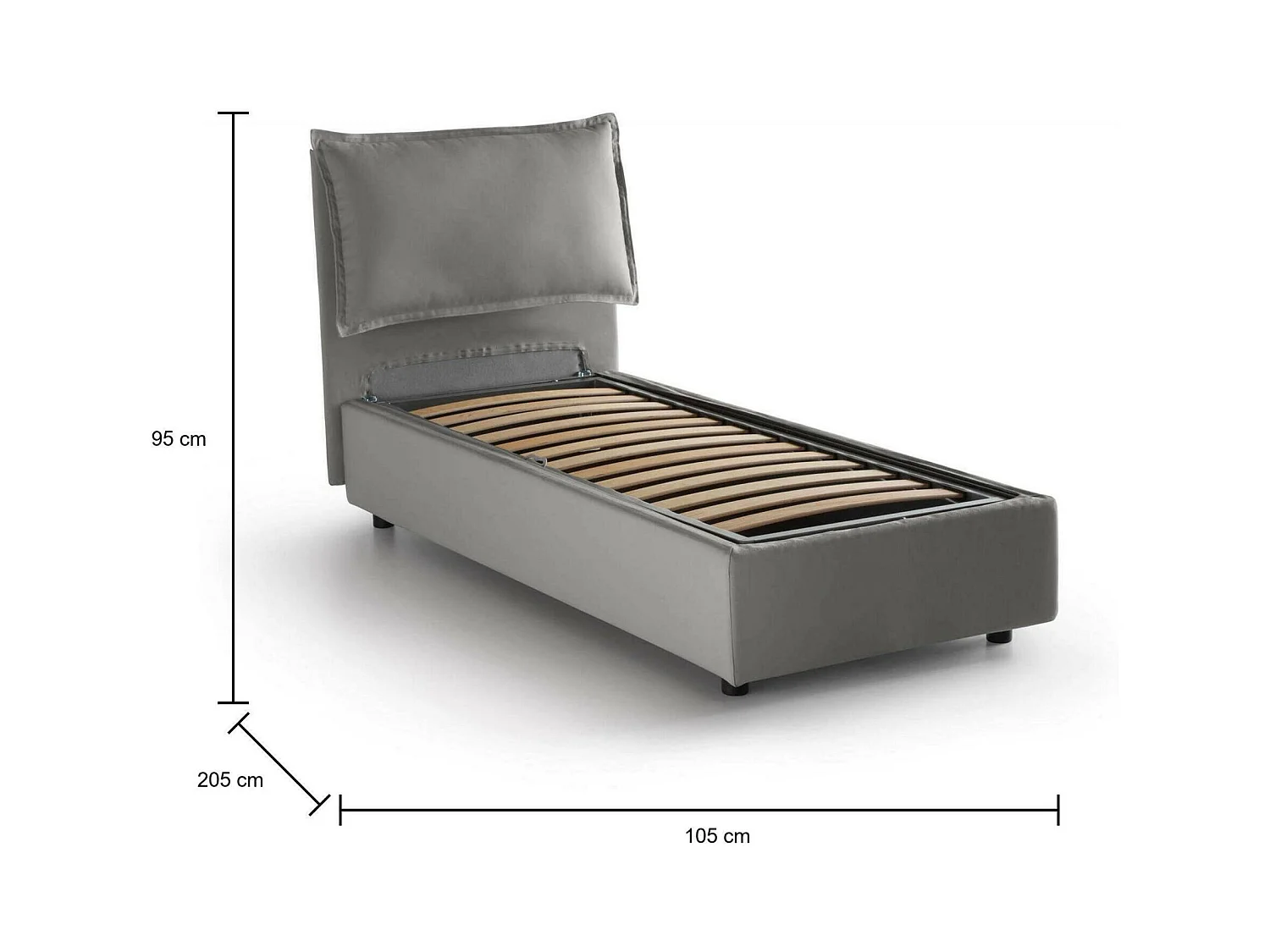 Cama de solteiro Dpal, Cama de armazenamento com forro de tecido, 100% Fabricado na Itália, Abertura frontal, adequada para colchão 90x190 cm, Cinza