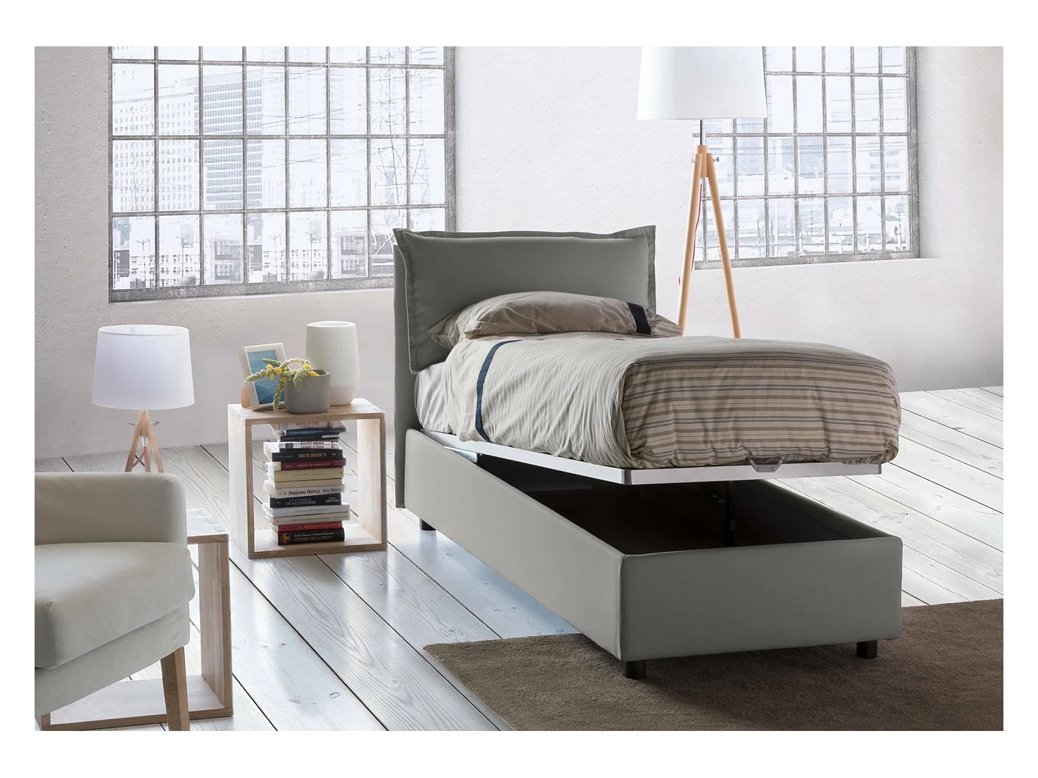 Lit simple Dpal, Lit coffre avec revêtement en tissu, 100% Made in Italy, Ouverture frontale, adapté pour matelas 90x190 cm, Gris