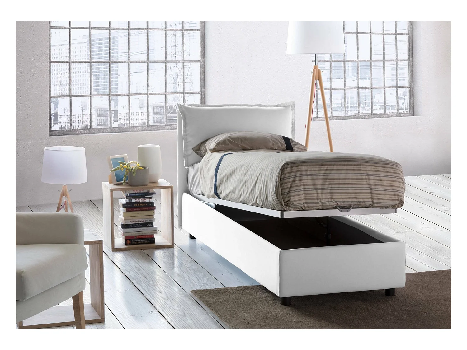 Lit simple Dpal, Lit coffre avec revêtement en tissu, 100% Made in Italy, Ouverture frontale, adapté pour matelas 90x190 cm, Blanc