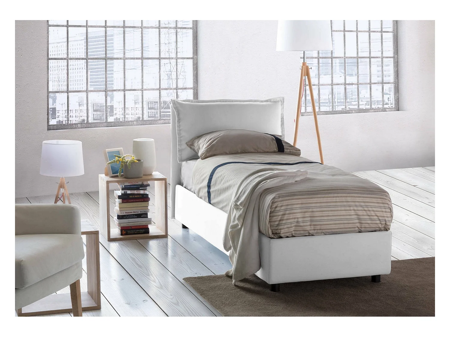 Lit simple Dpal, Lit coffre avec revêtement en tissu, 100% Made in Italy, Ouverture frontale, adapté pour matelas 90x190 cm, Blanc