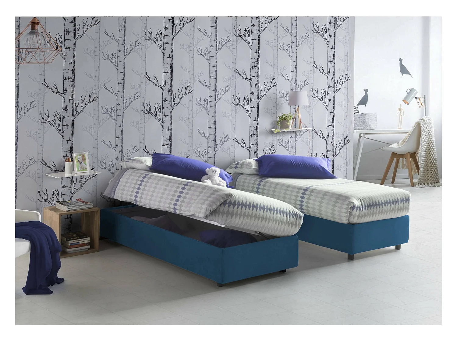 Dhol eenpersoonsbed, Opbergbed met stoffen bekleding, 100% Made in Italy, Zijopening, geschikt voor matras 80x190 cm, Blauw