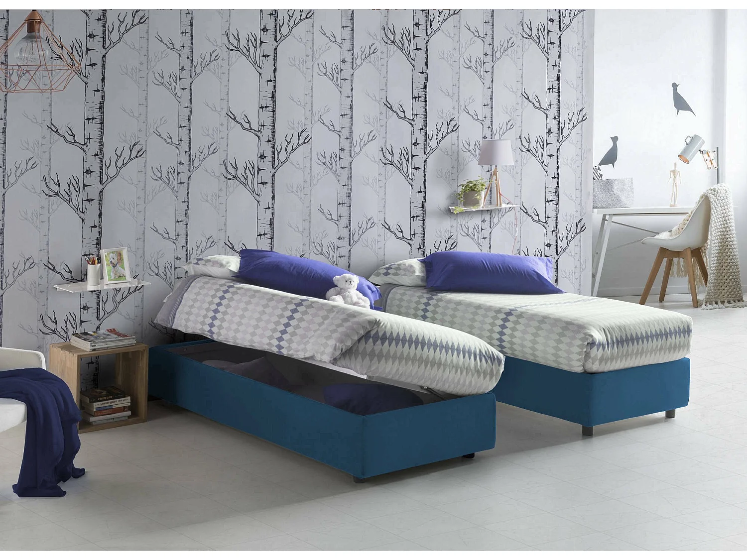 Dhol eenpersoonsbed, Opbergbed met stoffen bekleding, 100% Made in Italy, Zijopening, geschikt voor matras 80x190 cm, Blauw