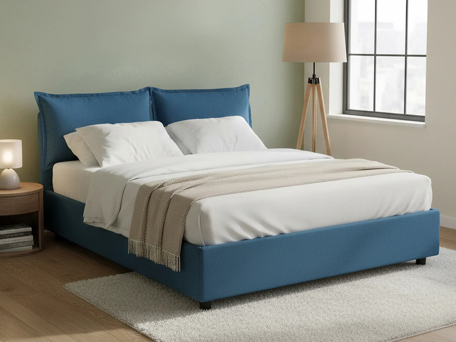 Lit double Daam, Lit coffre avec revêtement en tissu, 100% Made in Italy, Ouverture frontale, adapté pour matelas 140x190 cm, Bleu