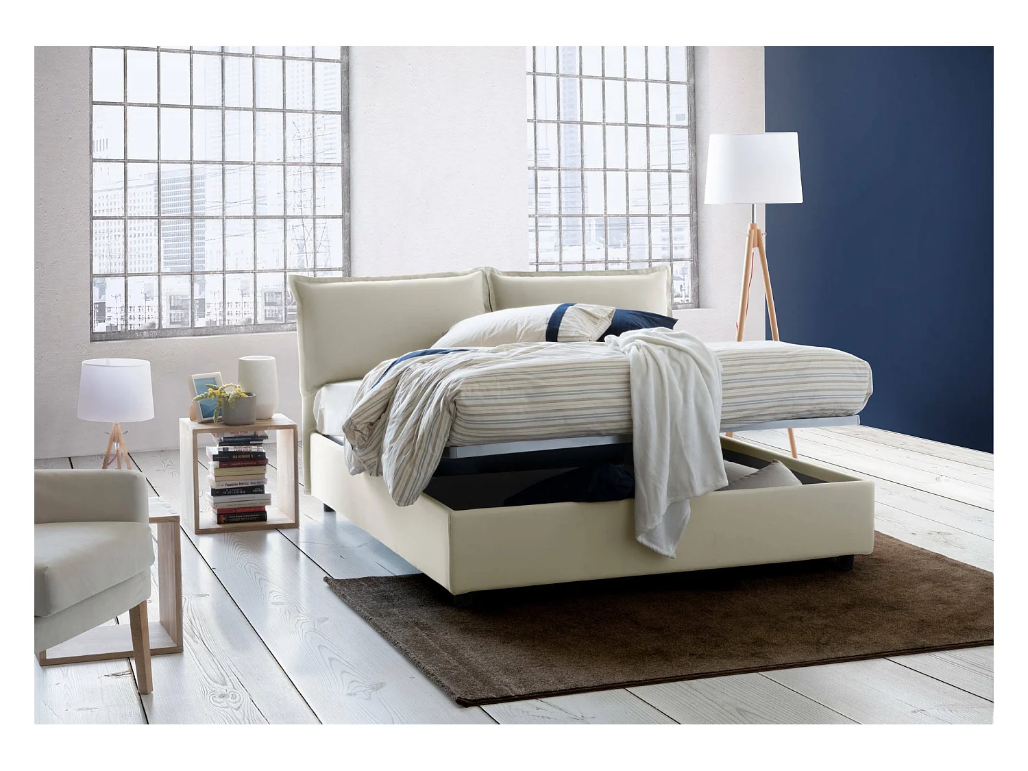 Lit double Dabdelli, Lit coffre avec revêtement en tissu, 100% Made in Italy, Ouverture frontale, adapté pour matelas 160x200 cm, Beige