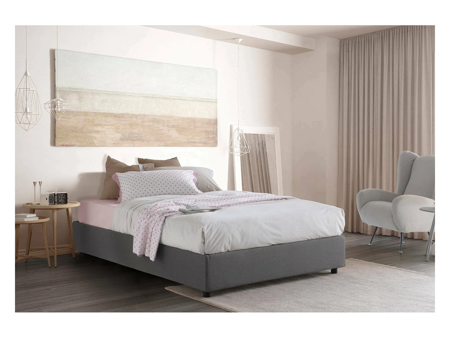 Lit double Dcistan, Lit coffre avec revêtement en tissu, 100% Made in Italy, Ouverture frontale, adapté pour matelas 160x190 cm, Gris